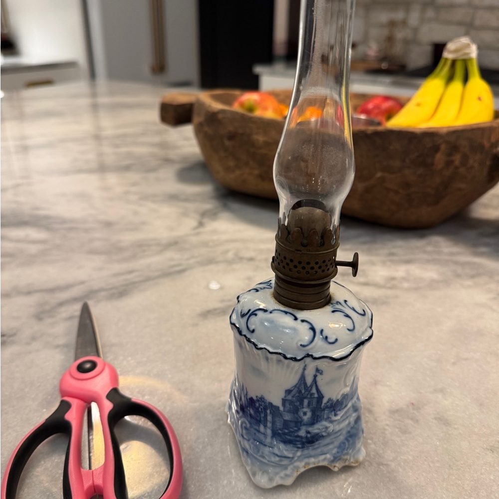 Victorian Delft Antique Blue and White Ceramic Oil Lamp- 1800’s